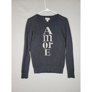 LOFT Amore Graphic Sweater Gray 100% Cotton Crewneck Knit Womens Small Preppy